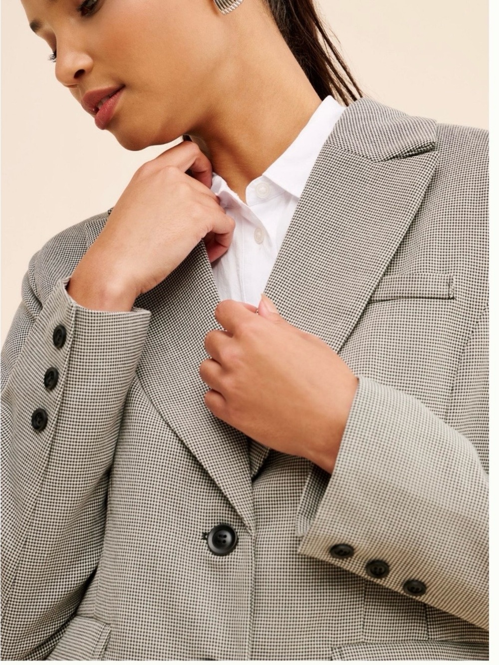 Checked Tailored Blazer Jacket - Gray Houndstooth